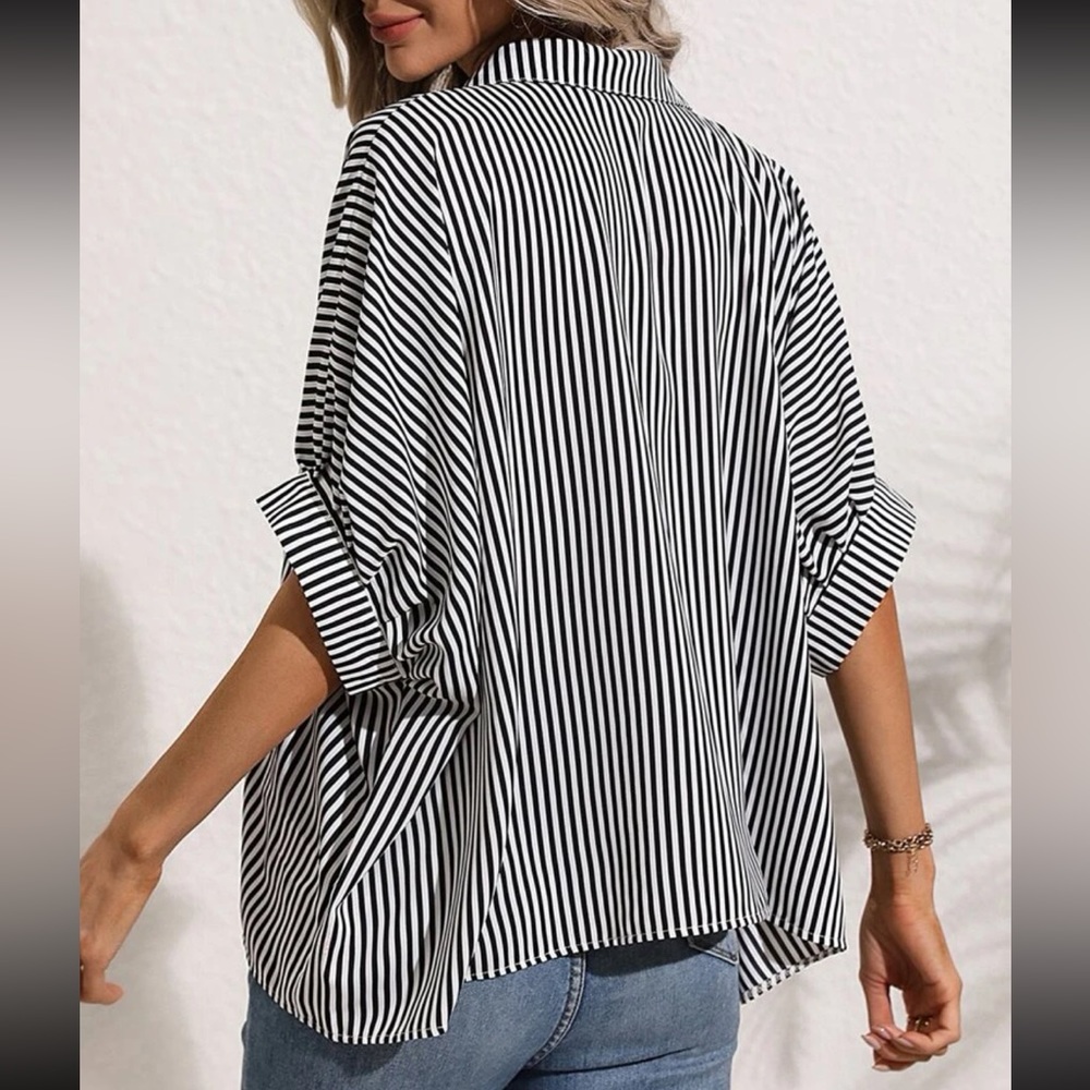 Classic Oversized Loose Fit Stripe Batwing Sleeve Button Down Shirt Top - Picture 2 of 14